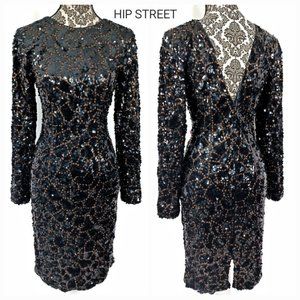 OLEG CASSINI BLACK TIE LS Black & Copper Sequin Mosaic Pattern Party Dress 8